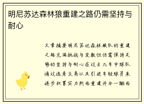 明尼苏达森林狼重建之路仍需坚持与耐心